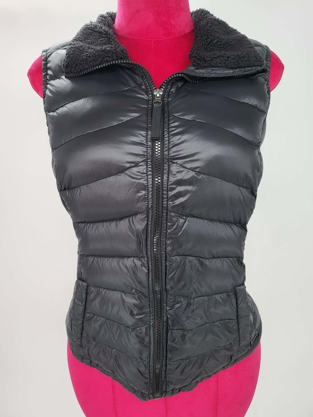 Calvin Klein Black Quilted Puffer Vest with Faux Shearling Collar